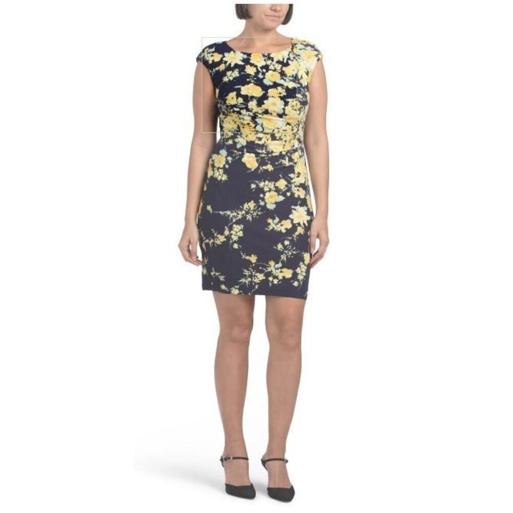 Anne Klein Womens Blue Yellow Floral Boat Neck Side Pleat Sheath Dress Sz 10 New